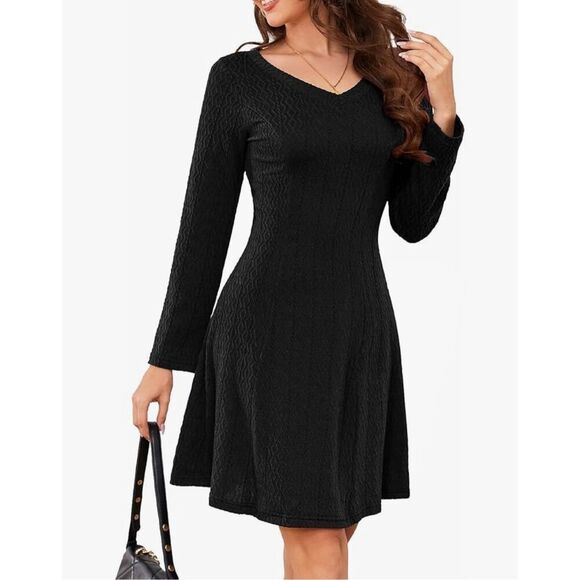 NEW Black Lightweight Long Sleeve Knit Ribbed V Neck Sweater Dress M - Picture 1 of 8